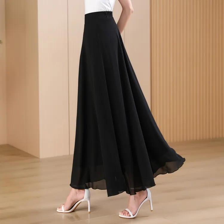 垂感大摆长裙雪纺半身裙黑色休闲气质舞裙修身夏女高腰沙滩a字裙