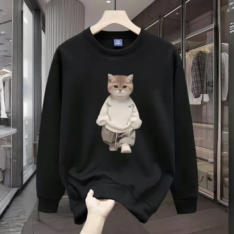 潮流痞帅情侣卫衣秋冬新款潮牌猫咪印花圆领长袖上衣宽松秋季