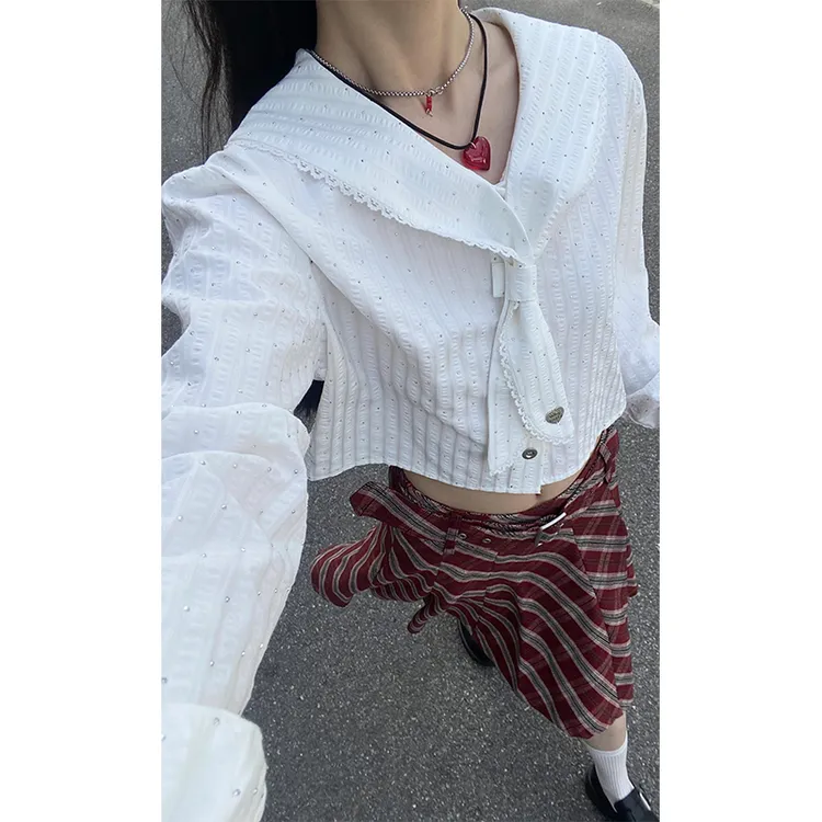 2024早秋新款女士时尚气质系带设计感长袖短款上衣高腰格子半身裙