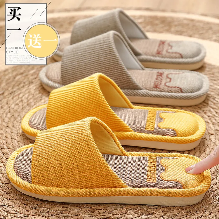 买一送一亚麻拖鞋女四季室内家居情侣防滑静音家用春秋棉麻布拖鞋