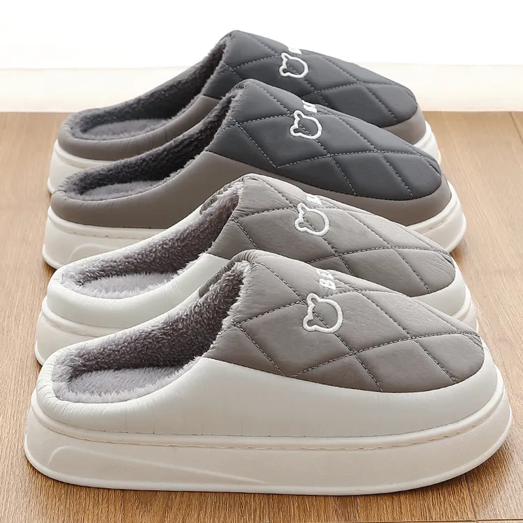 踩屎感棉拖鞋男士冬季2024新款室内家居厚底羽绒布保暖毛绒棉鞋男