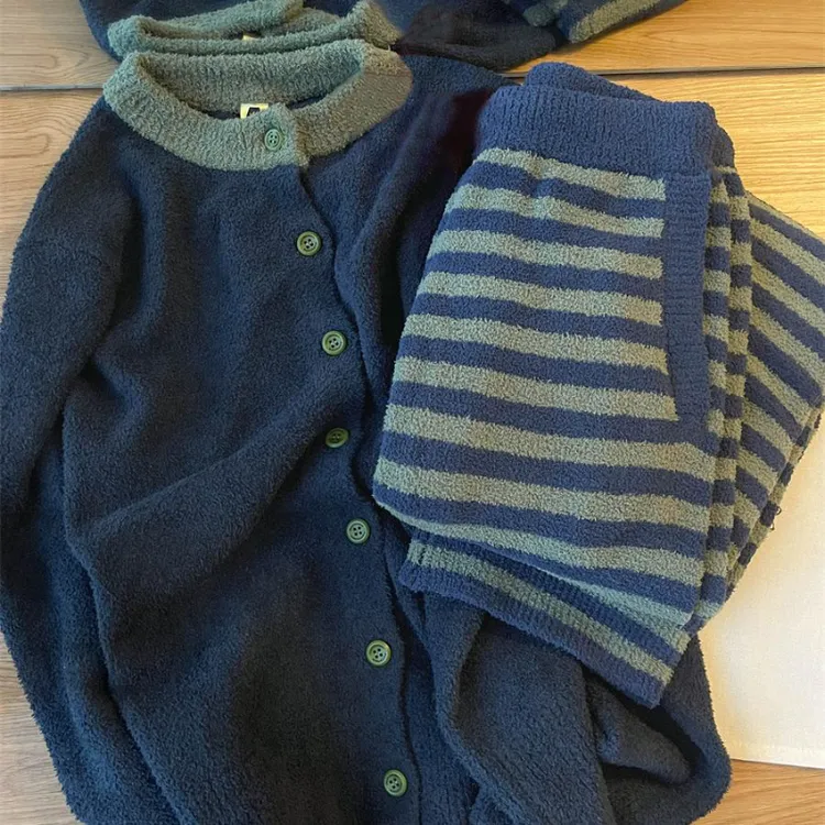 韩版纯色高级感针织条纹撞色睡衣女冬季新款半边绒大码家居服套装