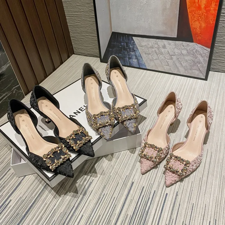 【ZY】轻奢小众款水钻方扣高跟鞋绸缎中空细跟单鞋青H997-96