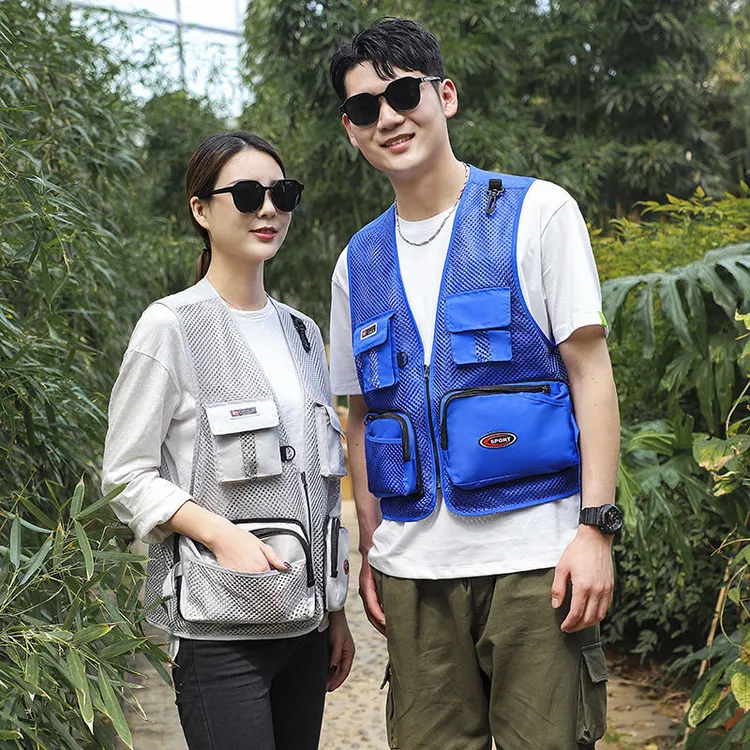 网眼夏季马甲男女户外多口袋背心休闲透气钓鱼摄影马夹坎肩印刺绣