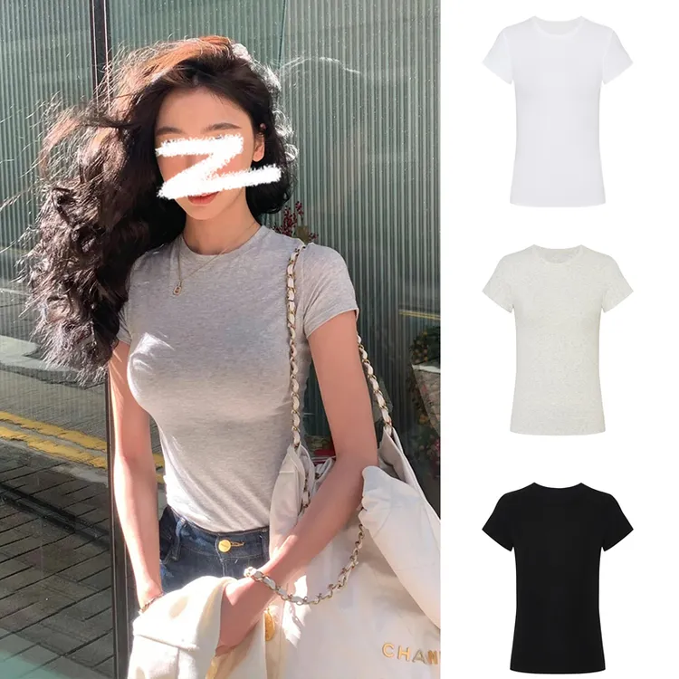 Moses Queen/魔西女王弹力正肩t恤女夏休闲辣妹短袖纯色圆领上衣商品图