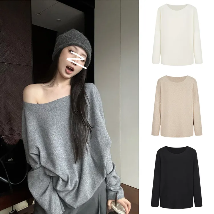 Moses Queen/魔西女王慵懒软糯斜肩毛衣露肩针织衫宽松蝙蝠袖上衣