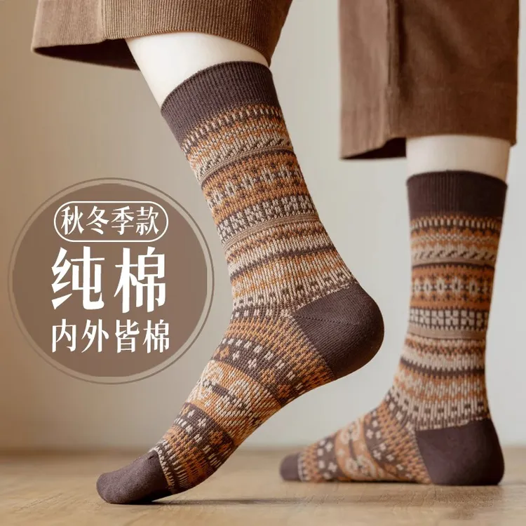 纯棉袜子女中筒袜100%全棉防臭日系民族风秋冬季女士舒适新款爆款