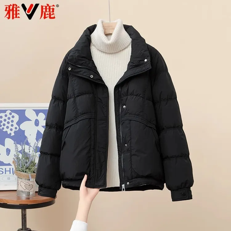 雅鹿2025新款短款羽绒服女小个子妈妈款百搭休闲简约立领冬季外套