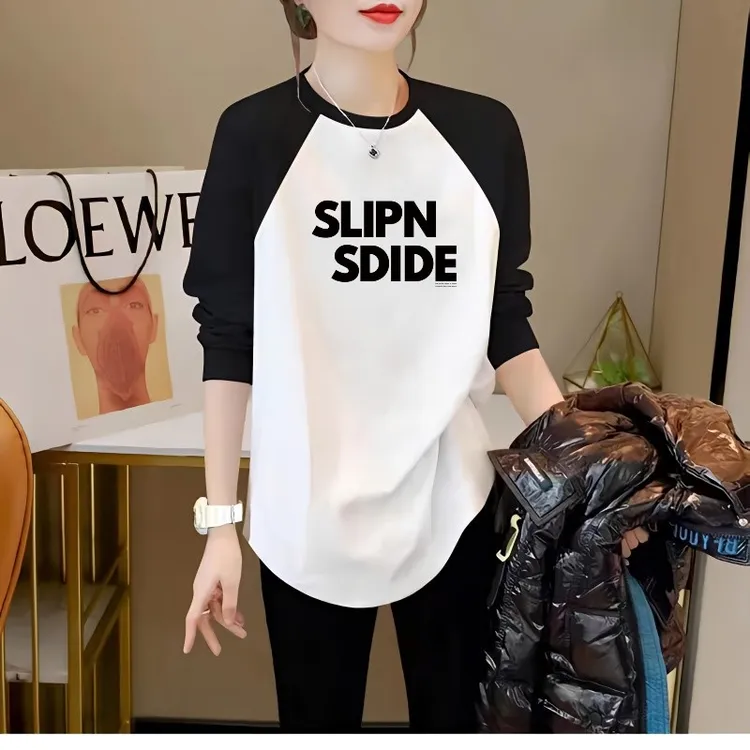 早秋休闲纯棉长袖T恤女韩版大码宽松ins风洋气遮臀上衣服打底衫