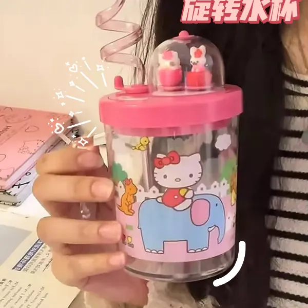 hellokitty旋转水杯送女友透明杯子便携旅行女生高颜值吸管杯礼物