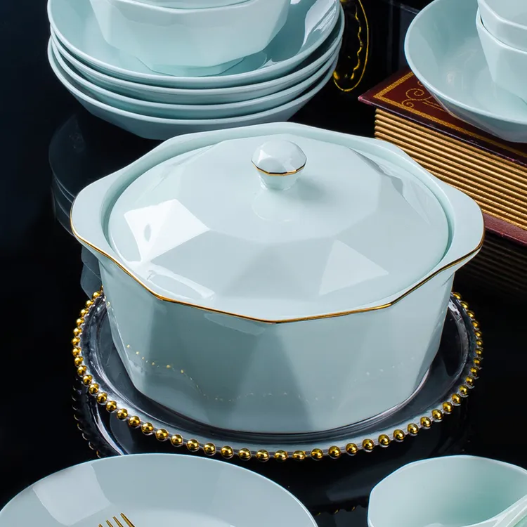 巨尚影青钻石汤煲1个+大勺1个景德镇家用陶瓷餐具欧式大容量盛汤