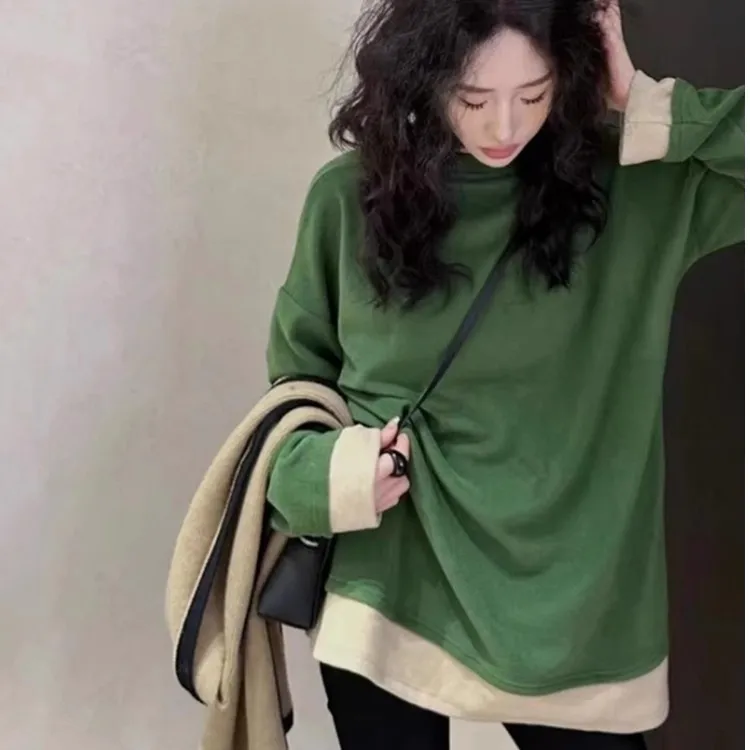 撞色长袖打底衫T恤女秋冬宽松软糯假两件遮屁股鲨鱼裤搭配上衣