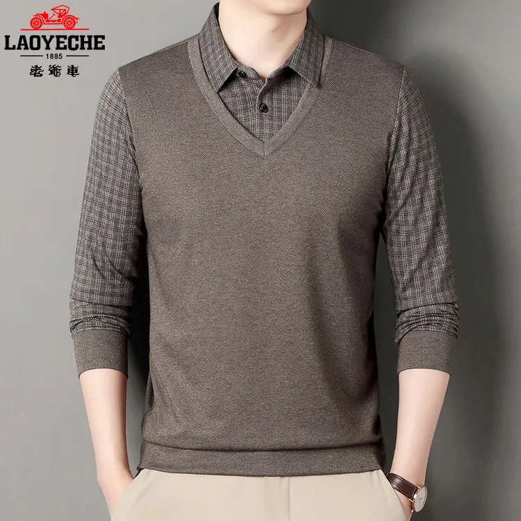 老爷车 格子衬衫领假两件中年爸爸薄款秋季上衣中老年男装长袖T恤