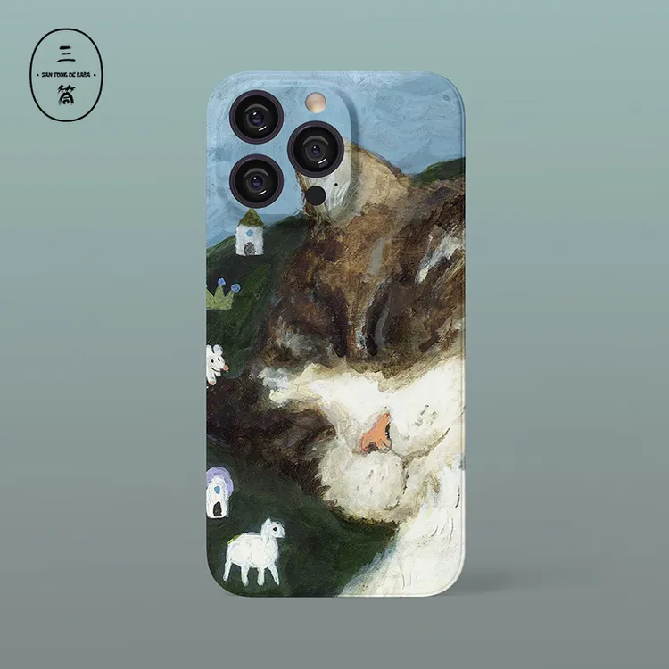 三筒的爸爸蓝底白马猫咪亮面苹果15手机壳16promax/14/13/12硬壳