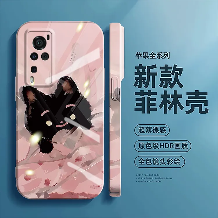 适用VIVOX60Pro手机壳黑猫新款菲林壳网红潮情侣高级卡通防摔创意