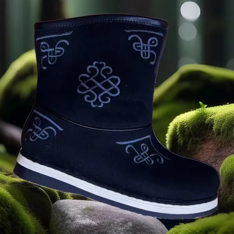 民族风男女同款春秋夏季黑色民族风靴子中帮布鞋短款