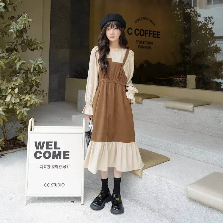 韩系复古美拉德假两件连衣裙女2025新款复古牛仔拼接收腰气质长裙