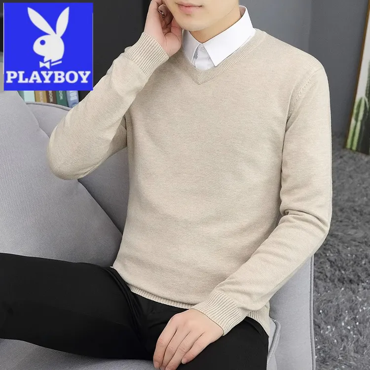 花花公子秋冬季男士毛衣休闲长袖修身百塔纯色修身毛衣男