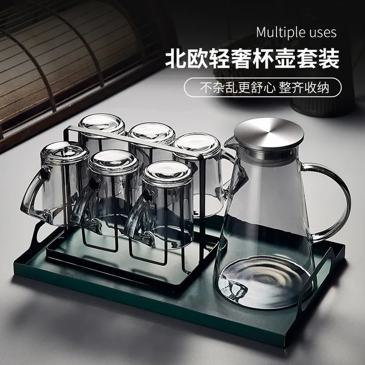 轻奢风玻璃水具套装待客家用客厅带把喝水杯子耐高温高颜值泡茶杯