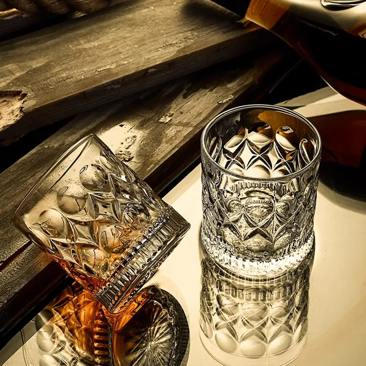 【青苹果】青苹果威士忌酒杯雕花洋酒杯北欧古典家用玻璃杯2只