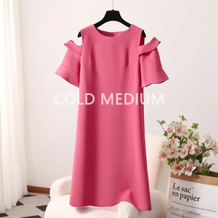 2023夏季大码女装宽松气质时尚荷叶袖露肩连衣裙胖mm遮肉裙子008