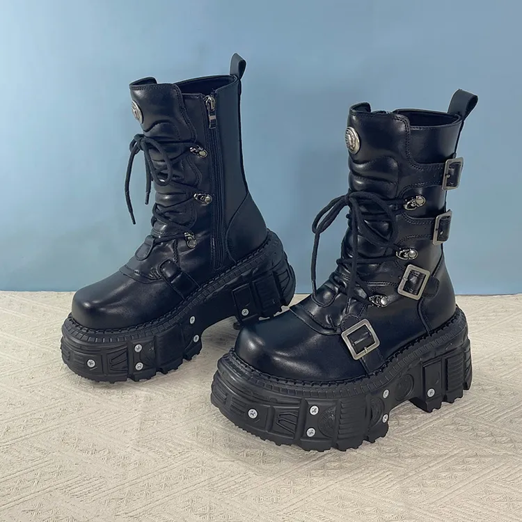 曾艾佳网红同款赛博朋克小众设计撞色厚底坦克鞋皮靴女中筒马丁靴