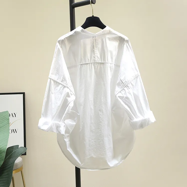 春季新款韩版宽松休闲长袖衬衣别致大版上衣白色衬衫女女款纯棉