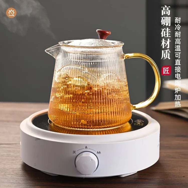 泡茶壶煮茶壶加厚竖纹带过滤茶水分离壶高硼硅耐高温喝水条纹女士