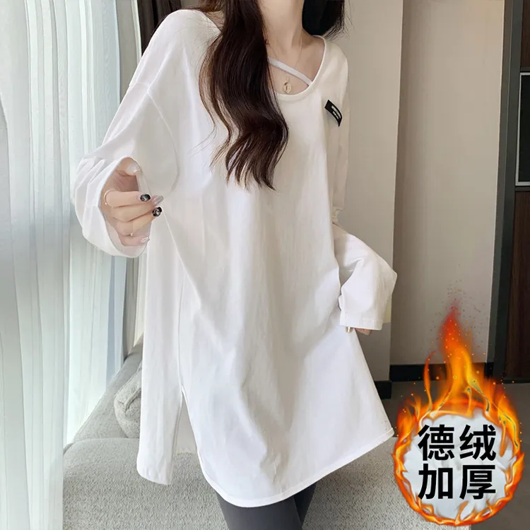 打底衫女内搭长款白色宽松遮臀显瘦T恤秋冬德绒加厚外穿保暖上衣