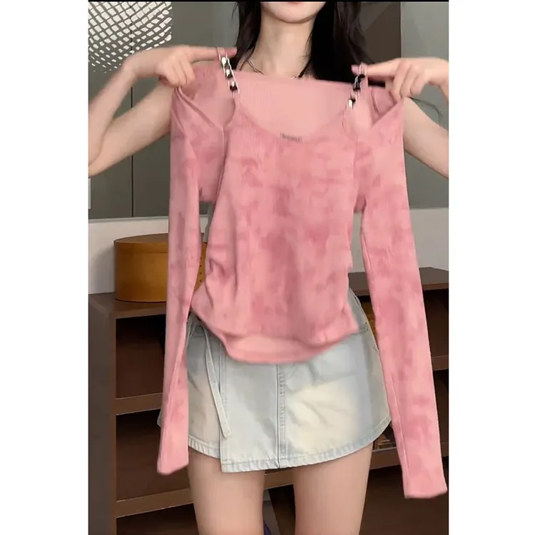 2024秋季上新时尚修身百搭扎染显瘦ins风长袖T恤设计感打底上衣女