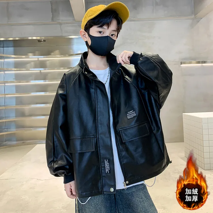 男童加绒外套2025冬季中大童男孩儿童潮酷贴标痞帅机车皮衣夹克