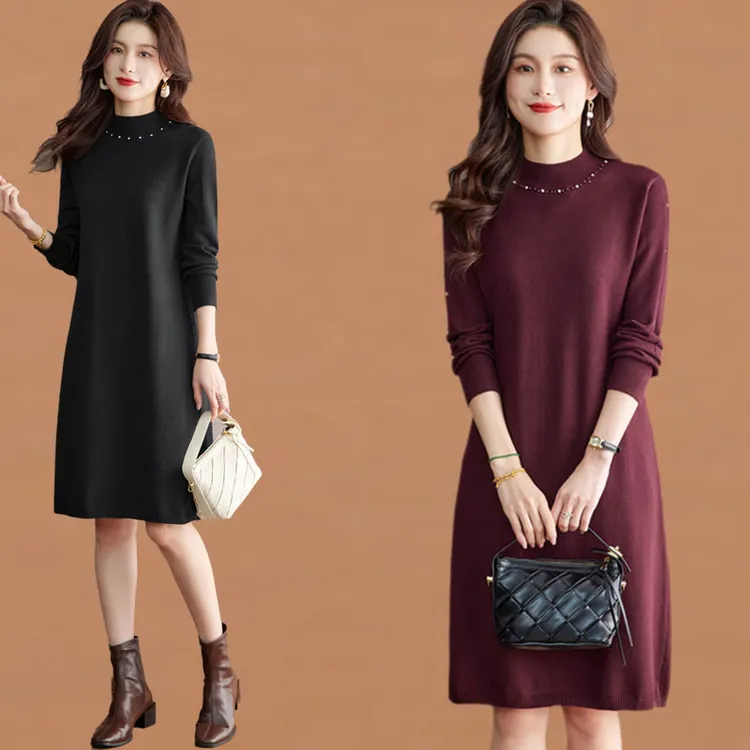 针织连衣裙女内搭春秋2025新款半高领小个子配大衣打底衫毛衣裙