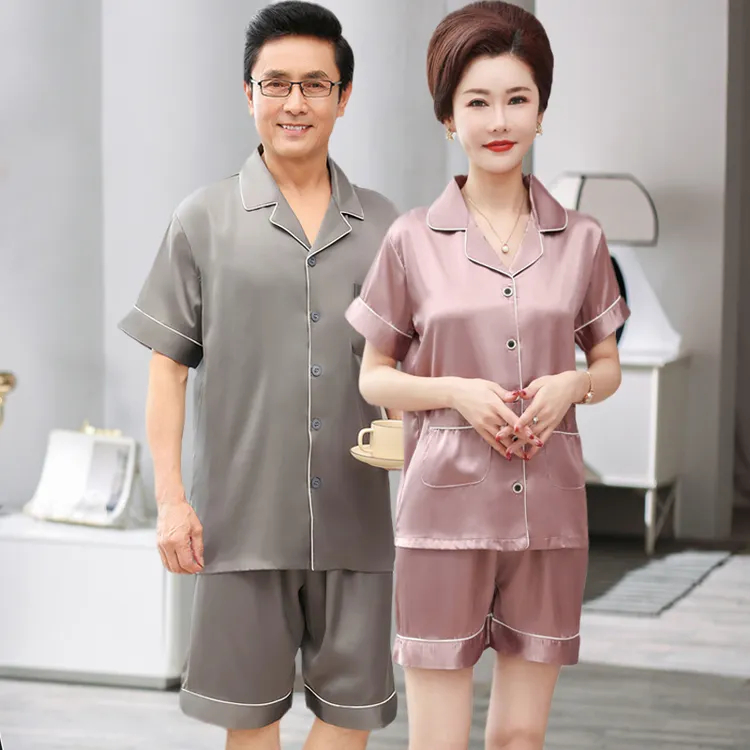 老年睡衣女60-70岁夏季男士家居服中年情侣爸爸妈妈冰丝高档套装