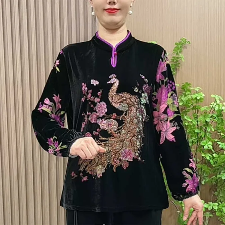 妈妈装秋冬洋气烫砖小衫2024新款中老年女装秋装立领盘扣旗袍衫