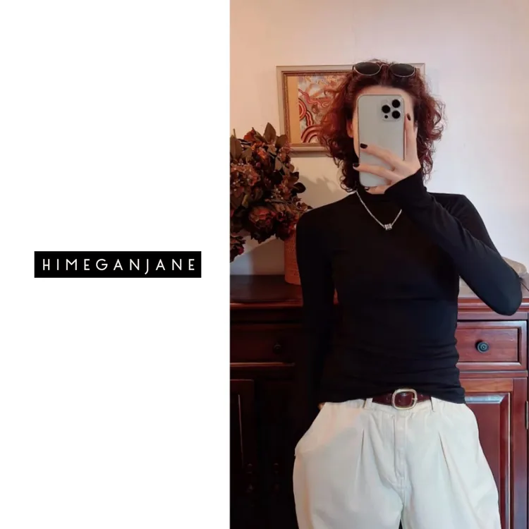 HIMEGANJANE“堆堆领”秋冬韩系高领长袖纯色显瘦打底衫 62260