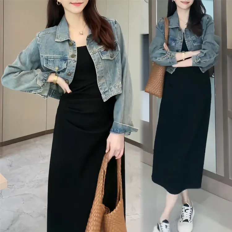 早春小香风2025秋季新款复古气质少女感短款牛仔外套显瘦吊带裙子