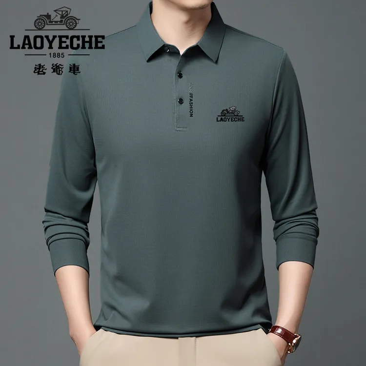 老爷车春秋季新款翻领长袖T恤宽松男装商务休闲衬衫领polo衫