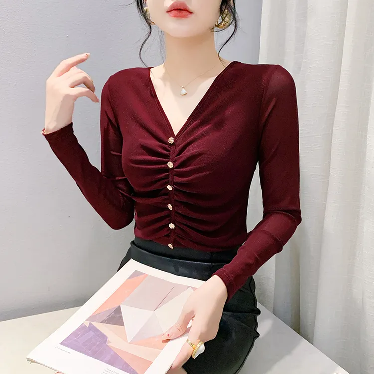 欧货秋季2025新款女装洋气v领t恤纯色纱网时尚感褶皱收腰内搭上衣