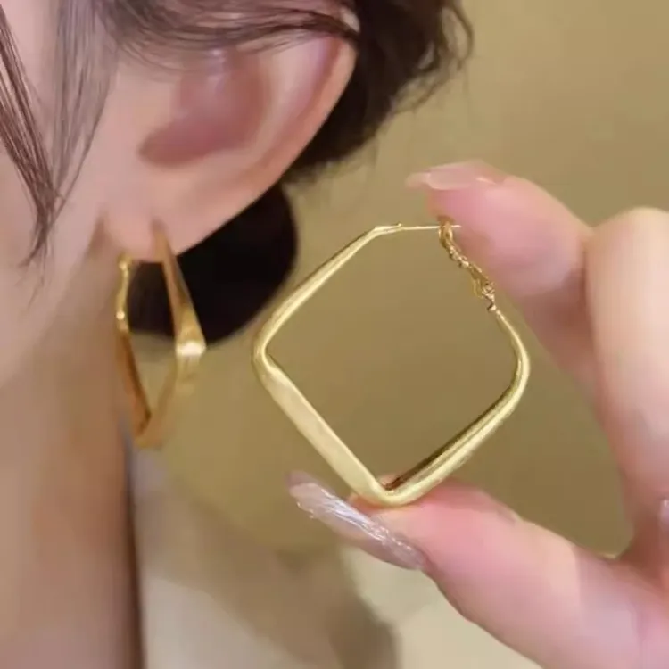 铜合金耳饰 金色几何方形拉丝哑光耳环夸张大耳圈高级感小众耳饰