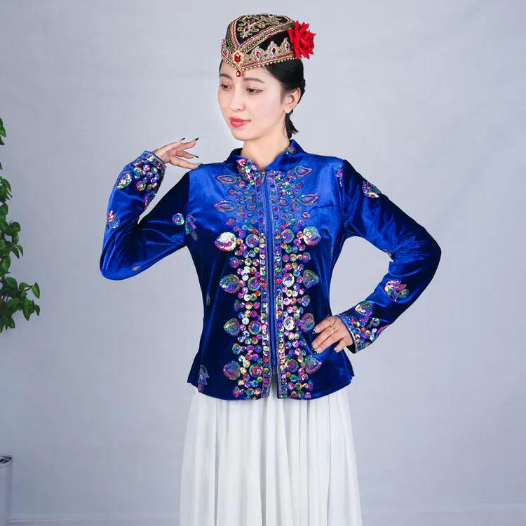 天翼美新疆舞蹈服维族舞新款高定珠绣金丝绒保暖冬季外套