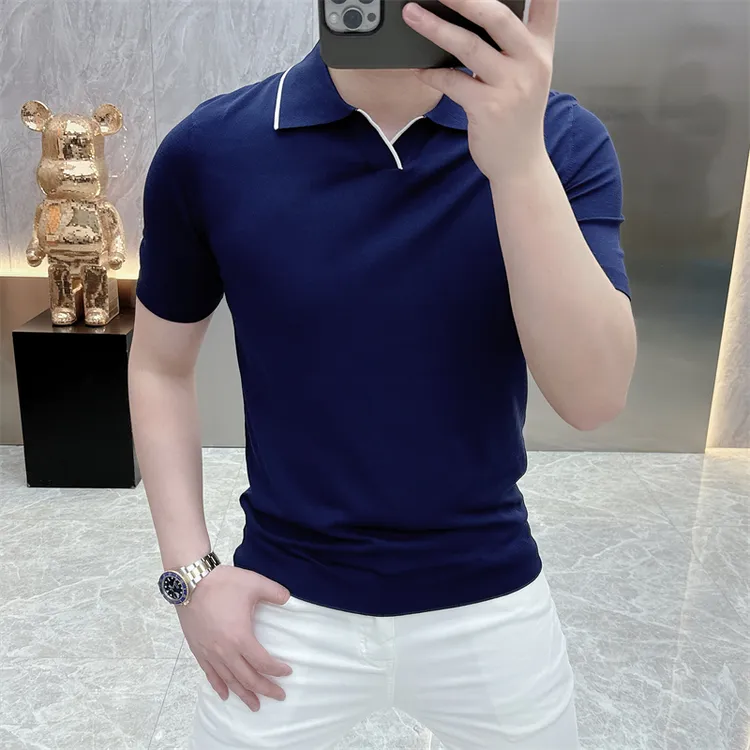 高档夏季韩版纯色t翻领百搭冰丝短袖POLO衫男时尚修身弹力透气T