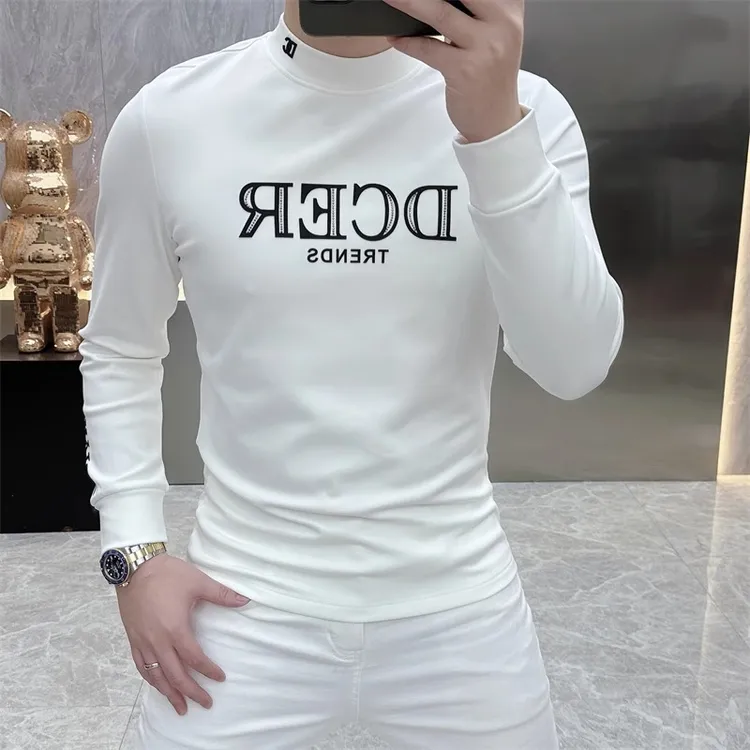 男士打底衫2025秋冬新款潮牌字母修身帅气半高领加厚加绒长袖T恤