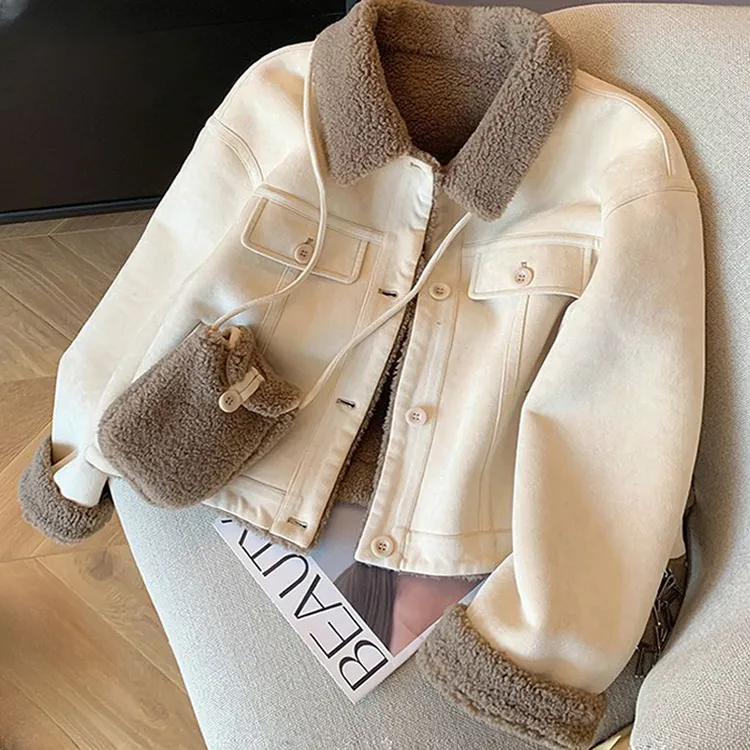 皮毛一体羊羔绒外套女冬季2025新款时尚宽松百搭翻领长袖夹克上衣