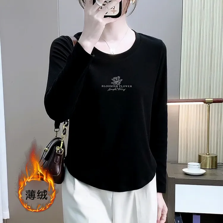 新款薄绒微胖显瘦95棉黑色长袖t恤女正肩遮肚显高宽松秋冬打底衫