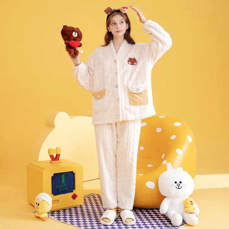 芬腾【布朗熊IP联名】320g秋冬V领加绒女士家居服睡衣I98440867