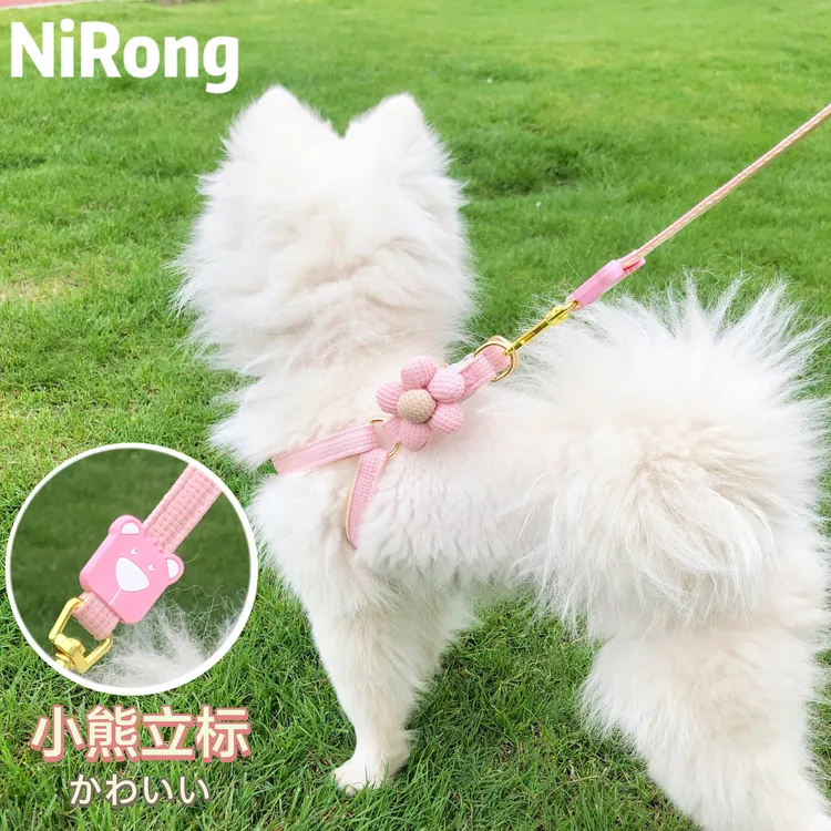 狗狗牵引绳甜美立体小花胸背防脱牢固调节遛狗绳户外博美比熊狗绳