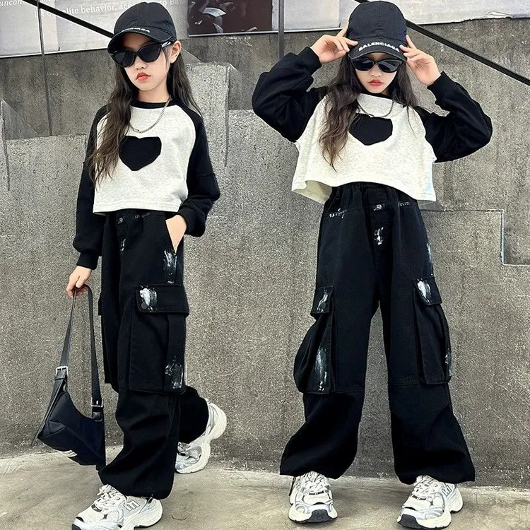 女童工装裤套装网红款春秋洋气时髦儿童中大童女孩秋季卫衣两件套