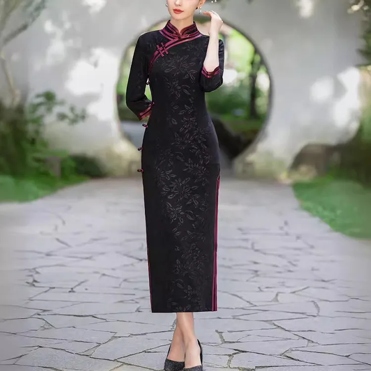 黑色改良旗袍2024新款秋装高端修身秋冬款老上海微胖遮肚显瘦日常
