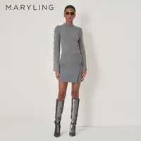 MARYLING玛俪琳秋季灰色前胸M形线条设计修身针织上衣A1DGW02300