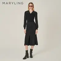 MARYLING玛俪琳2024冬季新品时尚优雅黑色V领针梭上衣A1EHW26440